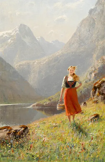 A young girl with a basket in the mountains av Hans Dahl