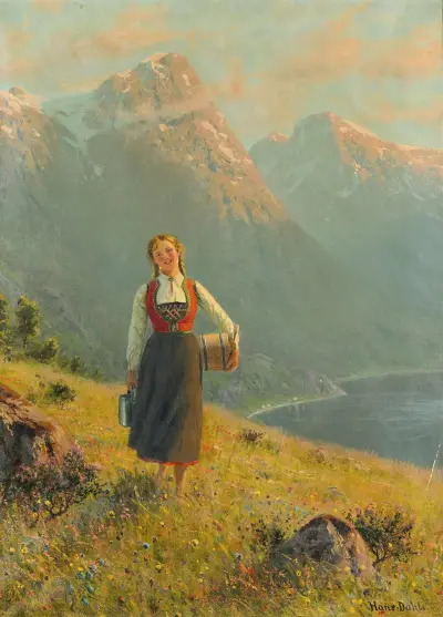 Young Girl By A Fjord av Hans Dahl