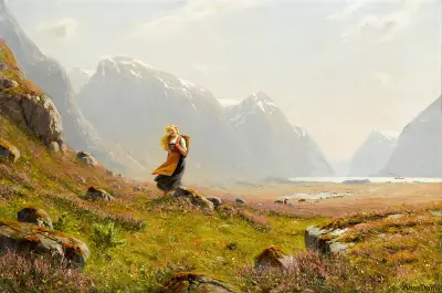 Young girl on a summer alpine stroll av Hans Dahl