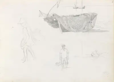 Båt med fisknät; figurstudier av Hans Gude
