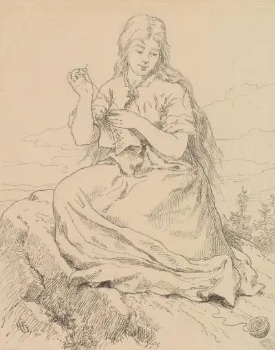 ‘Bring that ball of yarn here,’ she said av Hans Gude