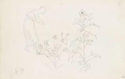 Kvinnlig figur och växtstudier av Hans Gude