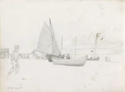 Figurer och båtar på stranden, Ahlbeck av Hans Gude