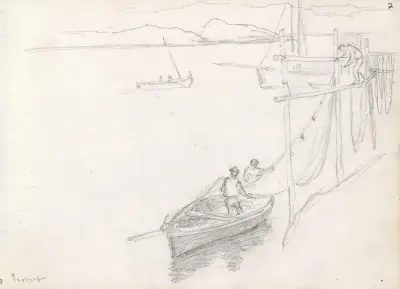 Fiskebåt vid stranden, Tarbert av Hans Gude