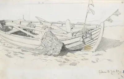 Fiskebåt på stranden, Göhren av Hans Gude