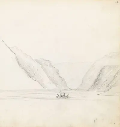 Fjord og seilbåt av Hans Gude
