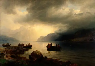 Funeral Procession on the Sogne Fjord av Hans Gude
