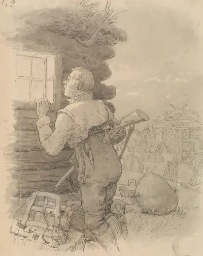 He glanced over a window and peered inside av Hans Gude