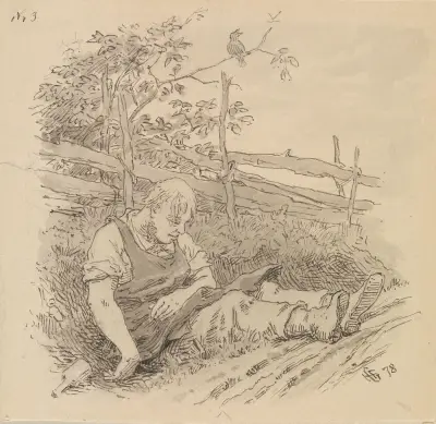 Illustration till 'En aftonstund i ett proprietärkök' i P. Chr. Asbjørnsen, Norske folke- og Huldre-Eventyr i Udvalg, Köpenhamn 1879 av Hans Gude
