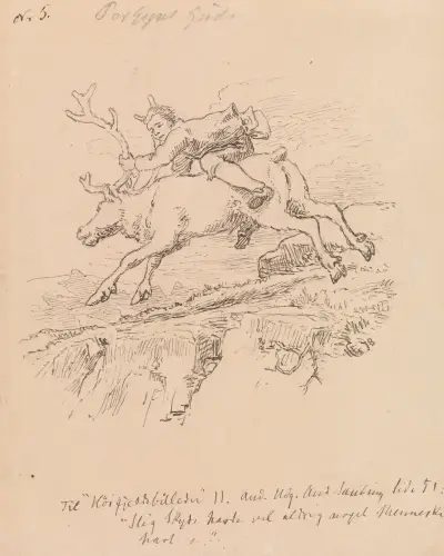 Illustration till 'Høyfjellsbilleder' i P. Chr. Asbjørnsen och J. Moe, Samlede eventyr, Oslo 1982 av Hans Gude