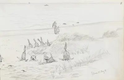Kvinna med barn och ankare på stranden, Göhren av Hans Gude