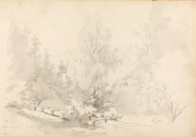 Landskap med sittande manlig figur av Hans Gude