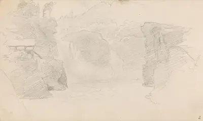 Landskap med foss och byggnad av Hans Gude