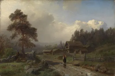Norwegian Landscape in Rain av Hans Gude