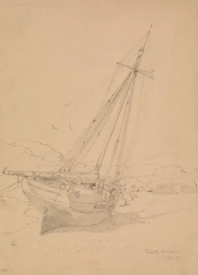 Sailing-Ship on the Shore, Tarbert, Loch Fyne av Hans Gude