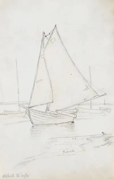 Segelbåt vid stranden, Ahlbeck av Hans Gude