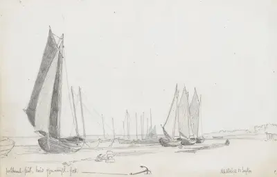 Segelbåtar på stranden, Ahlbeck av Hans Gude