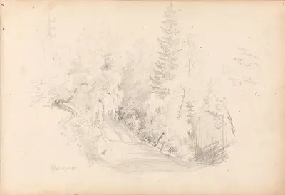 Skogsinteriör med väg, Elstad av Hans Gude
