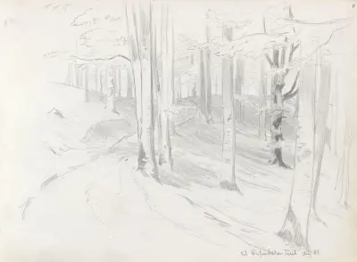Skogsinteriör vid Wiesenbeker Teich, Harzen av Hans Gude