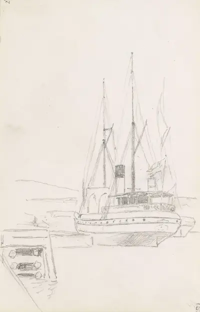 Ångfartyg i hamn av Hans Gude