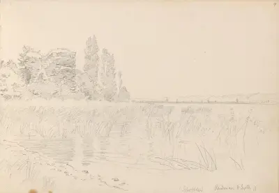 Strand med ruin och popplar, Reichenau av Hans Gude