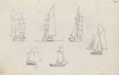Studier av seilskip av Hans Gude