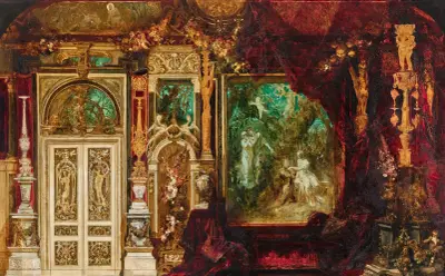 Dekorationsskiss för kejsarinnan Elisabeths sovrum i Hermesvilla (mittscen; En midsommarnattsdröm) av Hans Makart