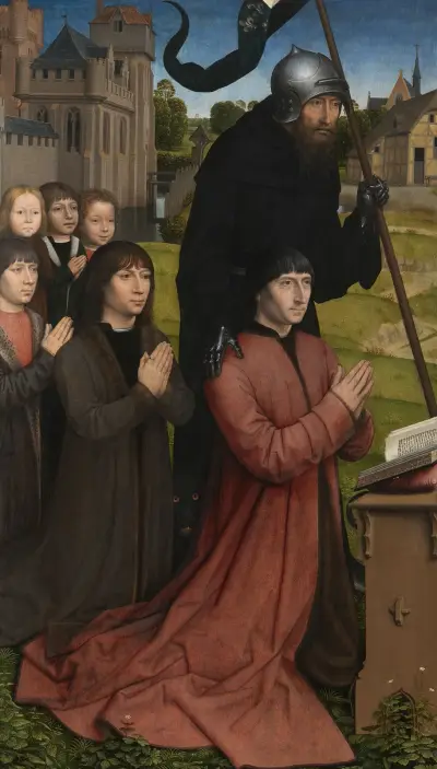 Willem Moreel with his Sons and Patron Saint av Hans Memling