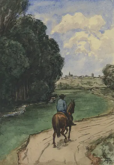 Am Waldesrand. Reiter auf einem Wege, bildeinwärts av Hans Thoma