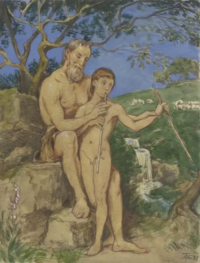 Old and young faun av Hans Thoma
