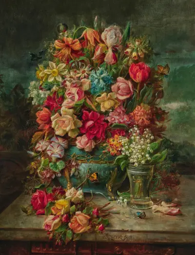 A Large Bouquet of Flowers with Lily of the Valley in Vase av Hans Zatzka