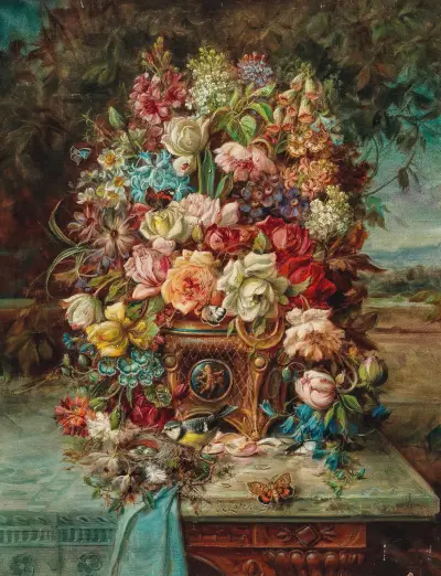 Reiches Blumenstillleben mit Blaumeise vor einer weiten Landschaft av Hans Zatzka