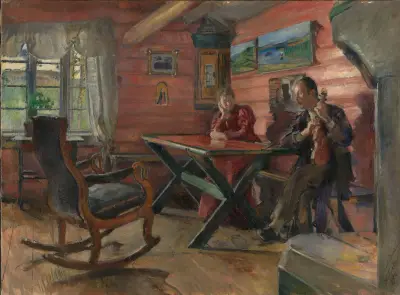 The Living Room at Kolbotn, (Hulda and Arne Garborg’s home) av Harriet Backer