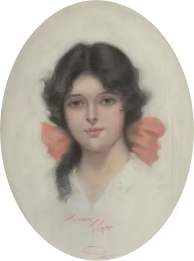 Brunette with Pink Bow av Harrison Fisher