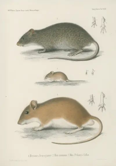 1. Meriones leucogaser. 2. Mus minimus. 3. Mus (Pelomys) fallax, Wilhelm Karl Hartwich Peters