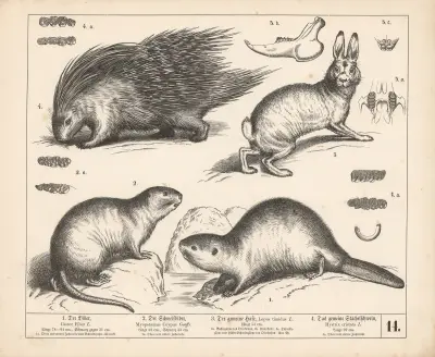 1. Der Biber. 2. Der Schweifbiber. 3. Der gemeine Hase. 4. Das gemeine Stachelschwein., 1882 – nr 1 av Heinrich Leutemann