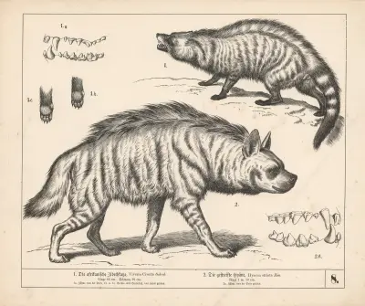 1. Africká cibetka. 2. Hyena pruhovaná, Heinrich Leutemann