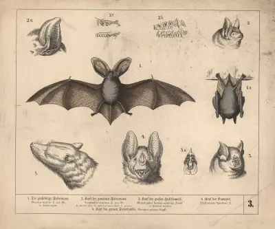1. Die grossöhrige Fledermaus. 2. Kopf der gemeinen Fledermaus. 3- Kopf der grossen Hufeisennase. 4. Kopf des Vampyrs. av Heinrich Leutemann