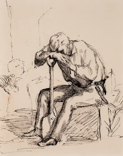 Sittande man lutad mot sin spade, utkast av Helene Schjerfbeck