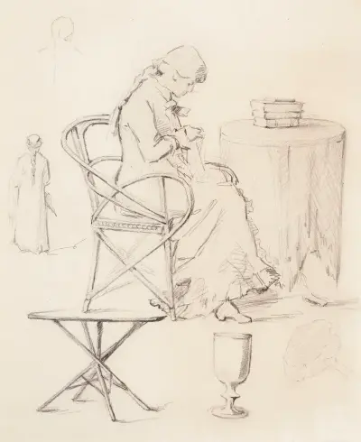 Utkast, sömmerska, bord, vinglas, kvinna med ryggen vänd av Helene Schjerfbeck