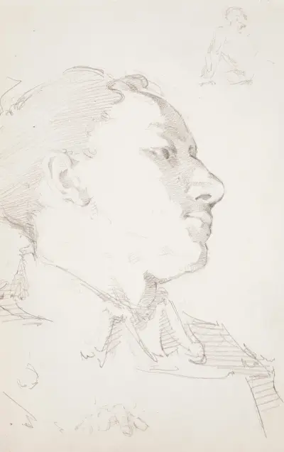 Utkast till målningen Den sårade krigaren i snön 1880, halvfigur, ansikte, fingrar av Helene Schjerfbeck
