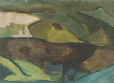 Fiskestugor vid älven. Motiv från Granvåg, Faxälven av Helmer Osslund