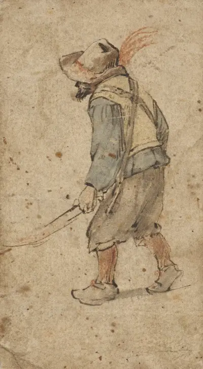 Bauer in der Haltung eines Mannes, der einen Schubkarren führt av Hendrick Avercamp