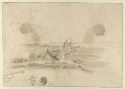 Landscape with Houses and Two Windmills along a Road, with Three Fishermen in the Foreground av Hendrick Avercamp