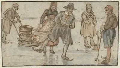 Skaters on the Ice, a Man Pushing a Sledge and a Kolf-player av Hendrick Avercamp