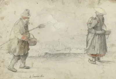 Studies of a Man and a Woman Standing on the Bank of a Frozen River, with a Town in the Distance av Hendrick Avercamp