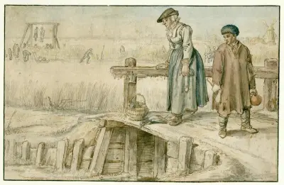 Winter Landscape with a Woman and a Youth on a Small Bridge, Skaters and a Gallows in the Distance av Hendrick Avercamp