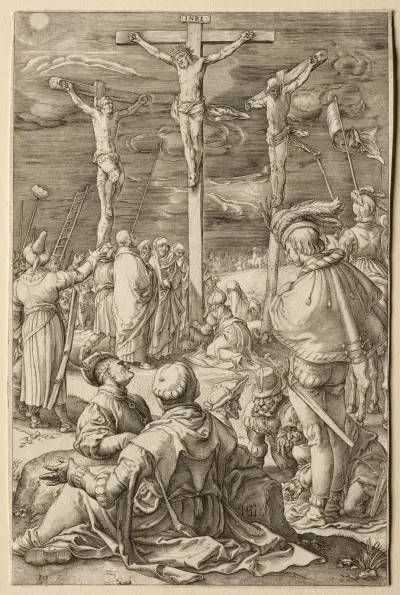 Kristus på korset mellan de två rövarna av Hendrick Goltzius