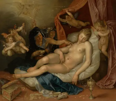 Den sovande Danaë som görs redo att ta emot Jupiter av Hendrick Goltzius