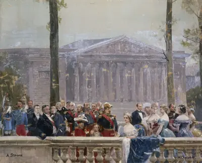 Kejsarfamiljen omgiven av många personligheter från andra kejsardömet framför Palais Bourbon av Henri Gervex